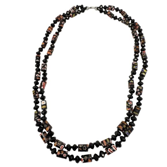 Vintage Black Millefiori Glass Crystal Beaded Necklace 24" Multi-Strand Layered - Picture 4 of 9